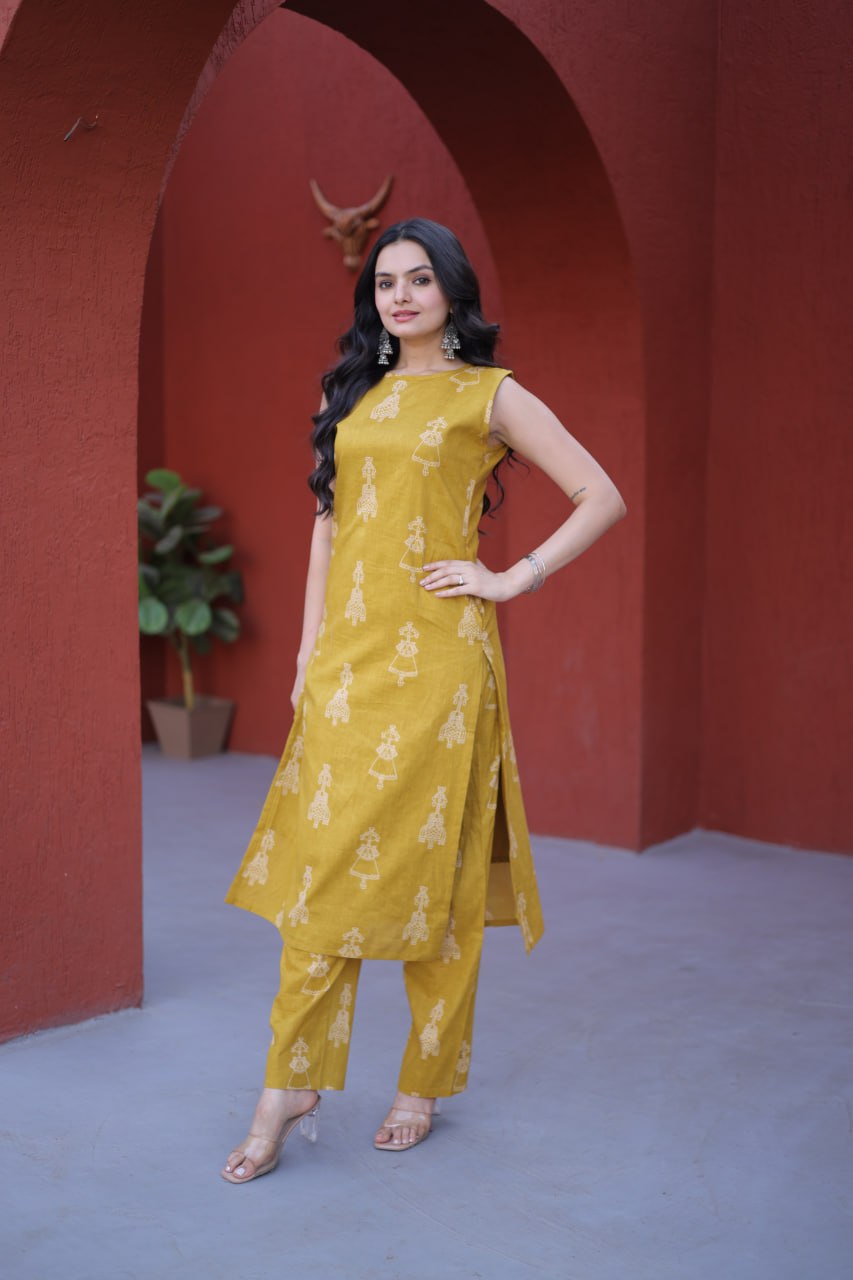Yellow Printed Cotton Kurti Pant Set