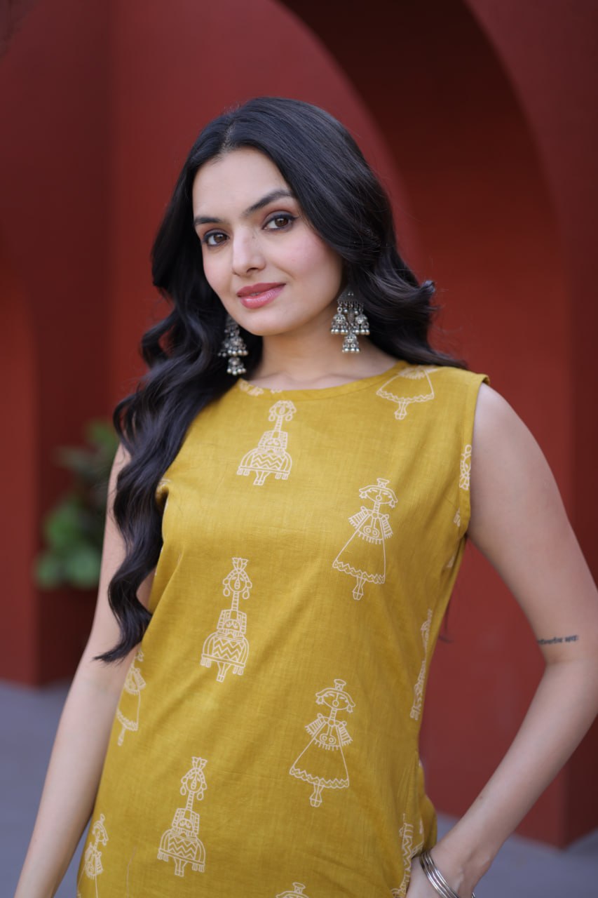 Yellow Printed Cotton Kurti Pant Set