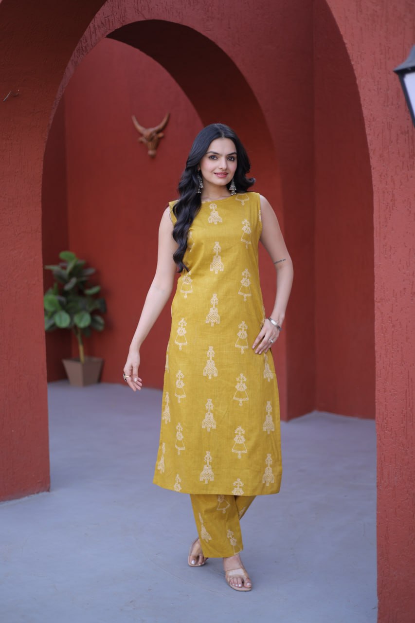 Yellow Printed Cotton Kurti Pant Set