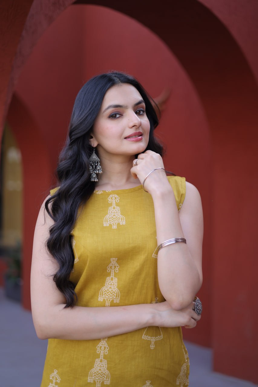 Yellow Printed Cotton Kurti Pant Set