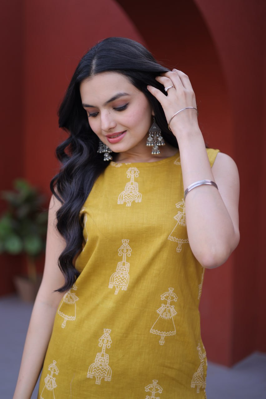 Yellow Printed Cotton Kurti Pant Set