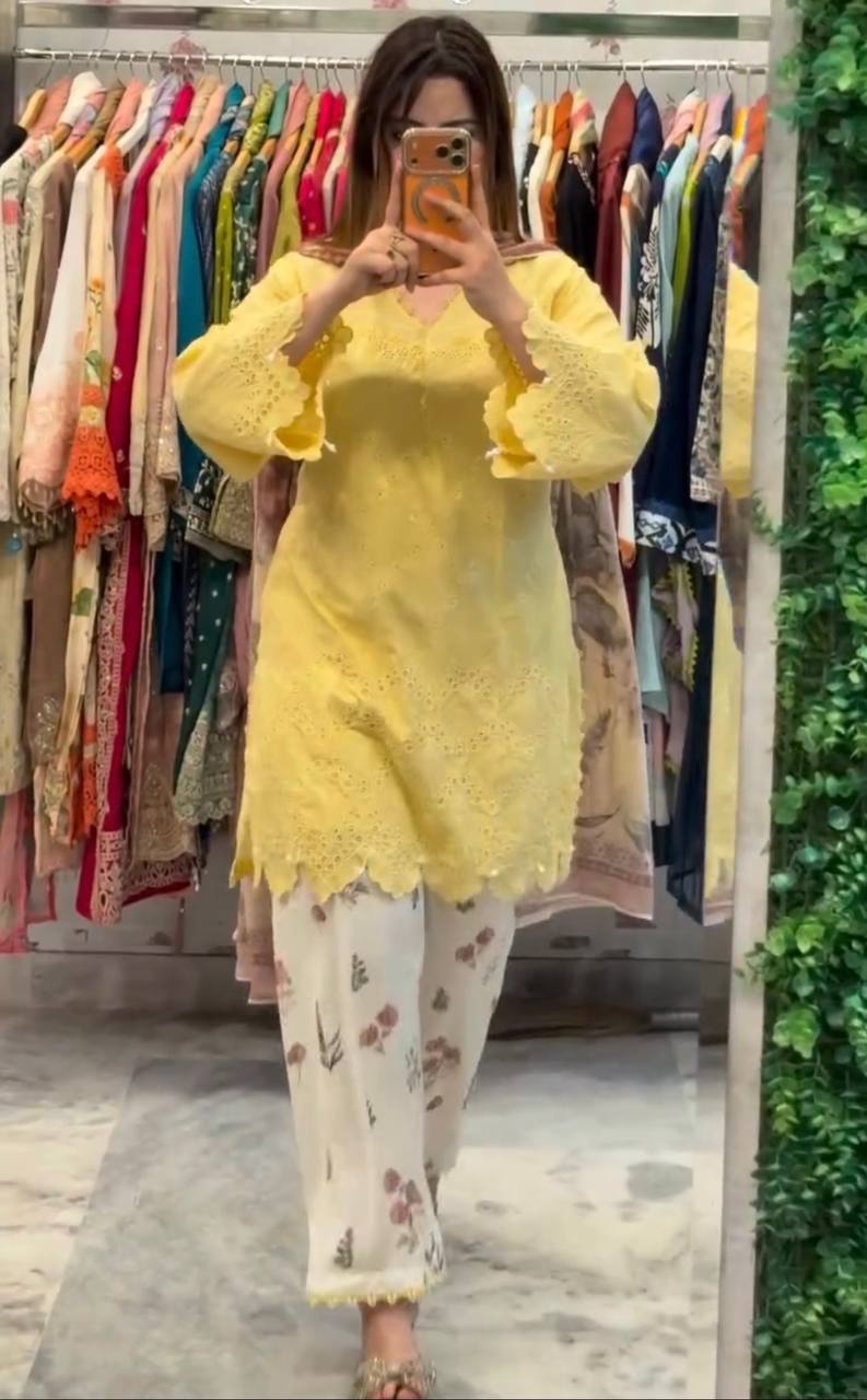 Yellow Printed Kurti with Palazzo Set