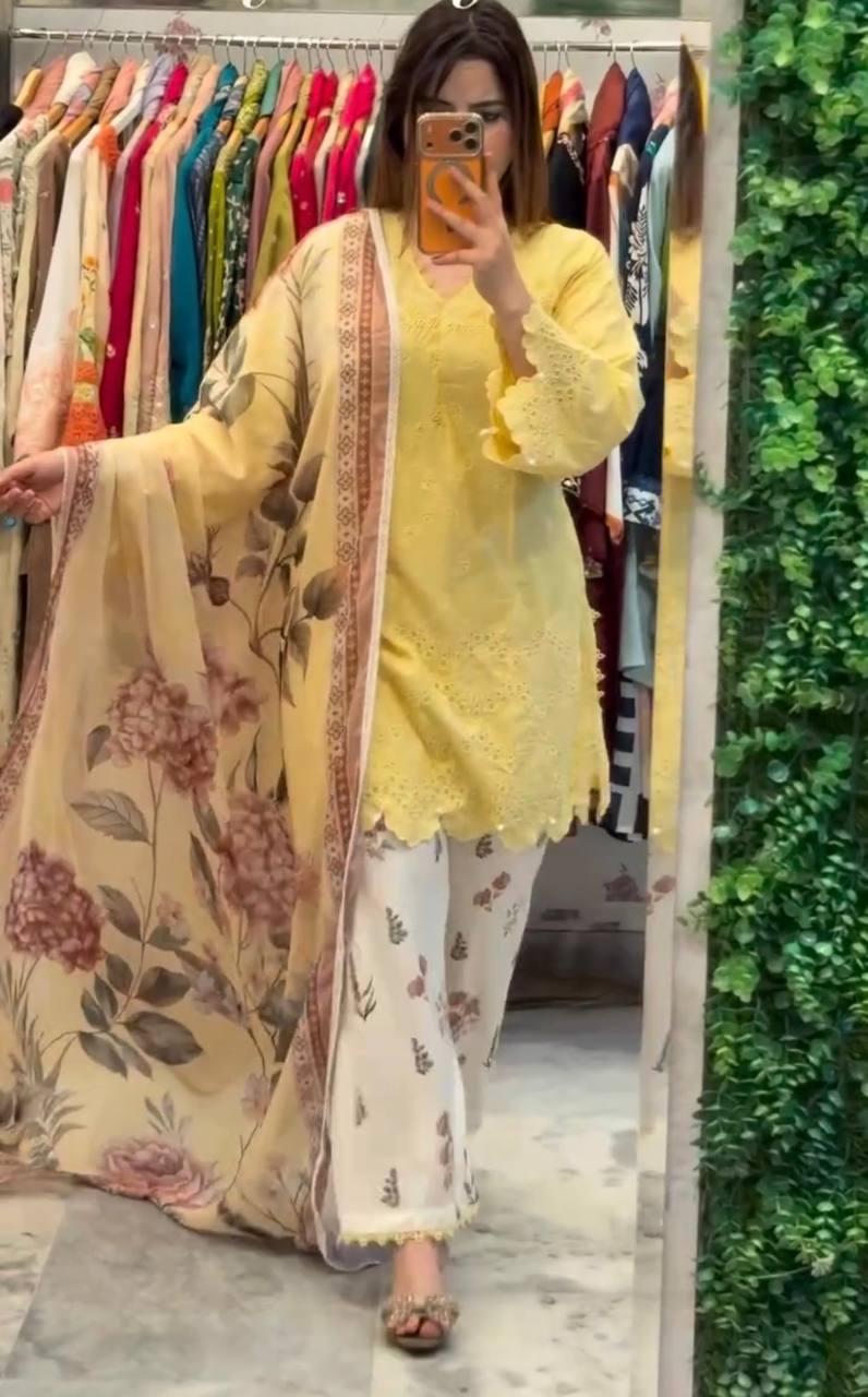 Yellow Printed Kurti with Palazzo Set
