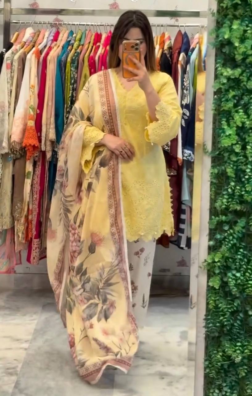 Yellow Printed Kurti with Palazzo Set