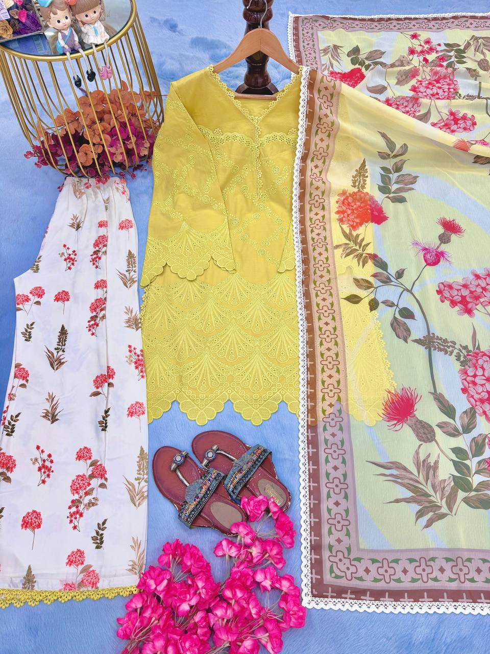 Yellow Printed Kurti with Palazzo Set