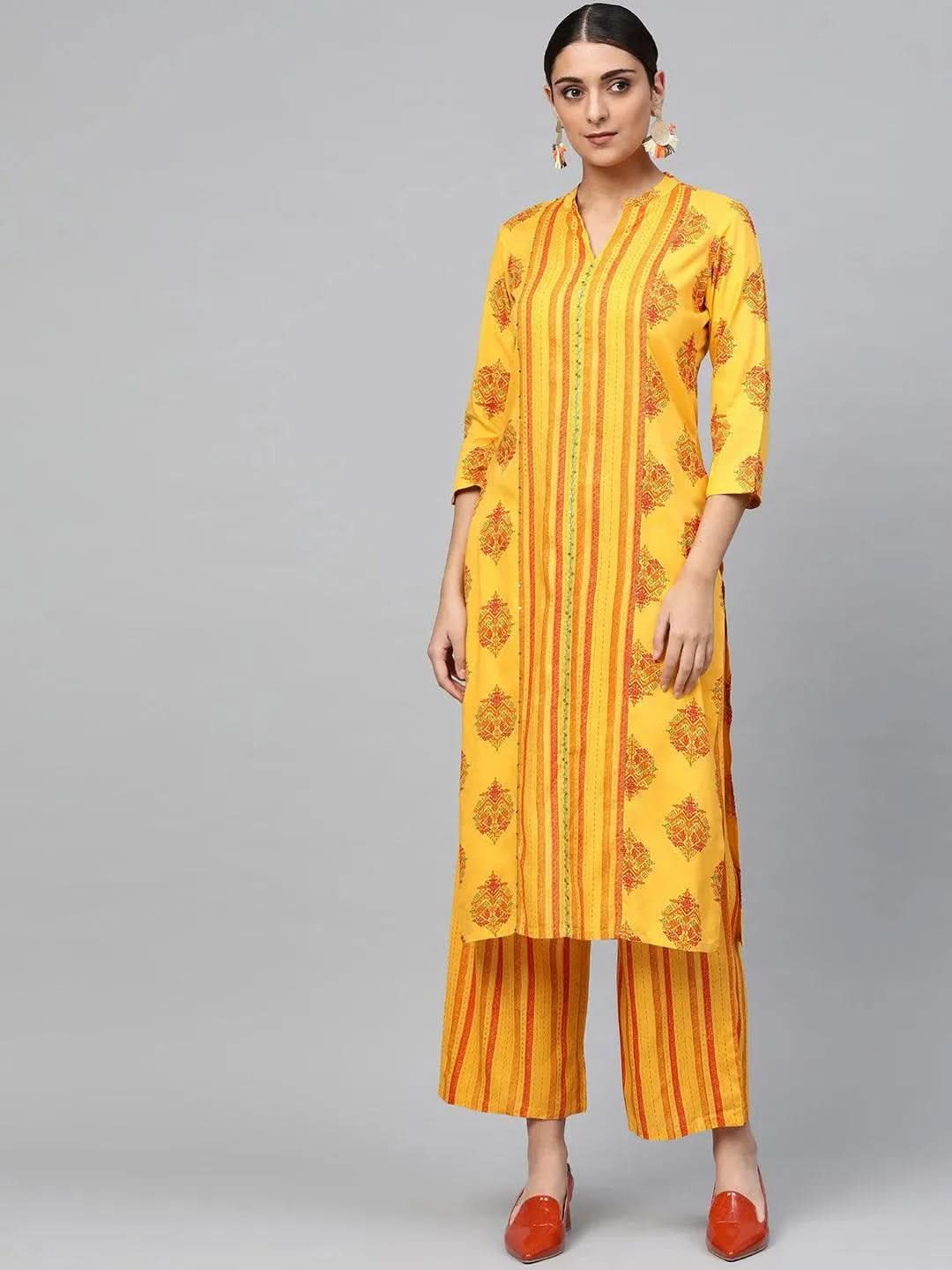 Mameraa Yellow Printed Rayon Straight Kurta With Palazzos