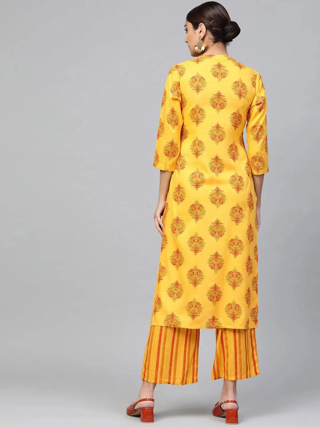 Mameraa Yellow Printed Rayon Straight Kurta With Palazzos