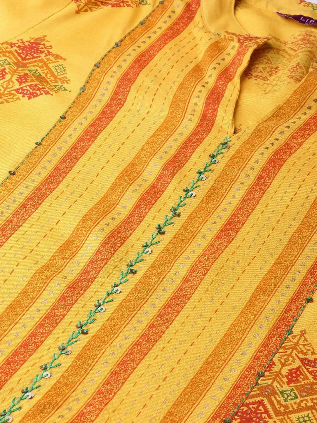 Mameraa Yellow Printed Rayon Straight Kurta With Palazzos