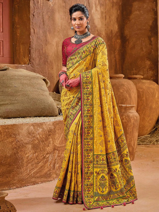 Yellow Pure Banarasi Silk Saree With Kutchi Work & Mirror Heavy Work