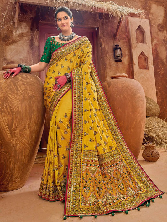 Yellow Pure Banarasi Silk Saree With Kutchi Work & Mirror Heavy Work