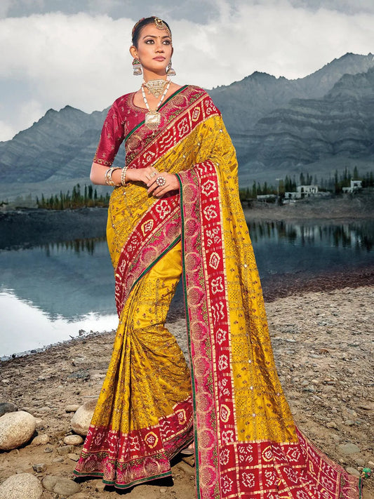 Yellow Pure Gajji Mirror And Cut Dana Work saree