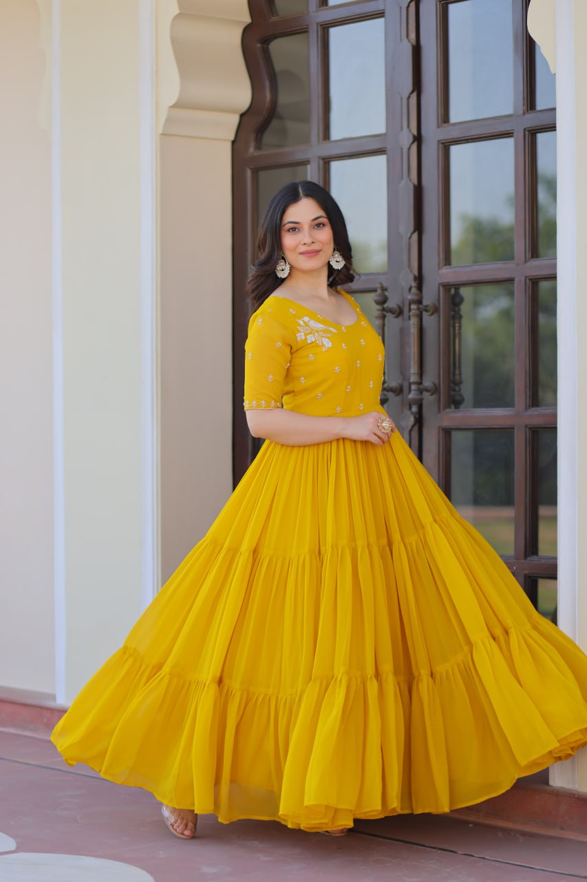 Yellow Radiant Faux Blooming Gown with Bead Embroidery & 12-Meter Flair – Full Stitched
