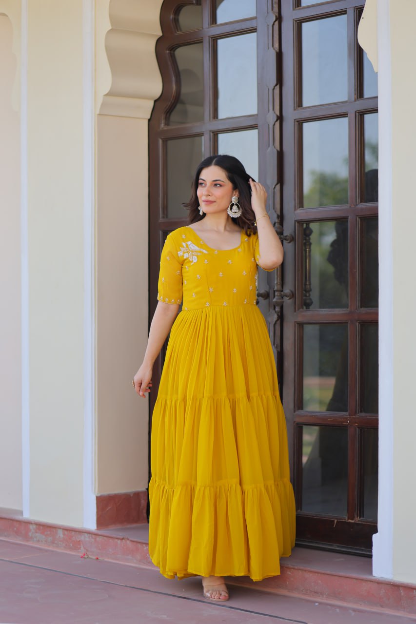 Yellow Radiant Faux Blooming Gown with Bead Embroidery & 12-Meter Flair – Full Stitched
