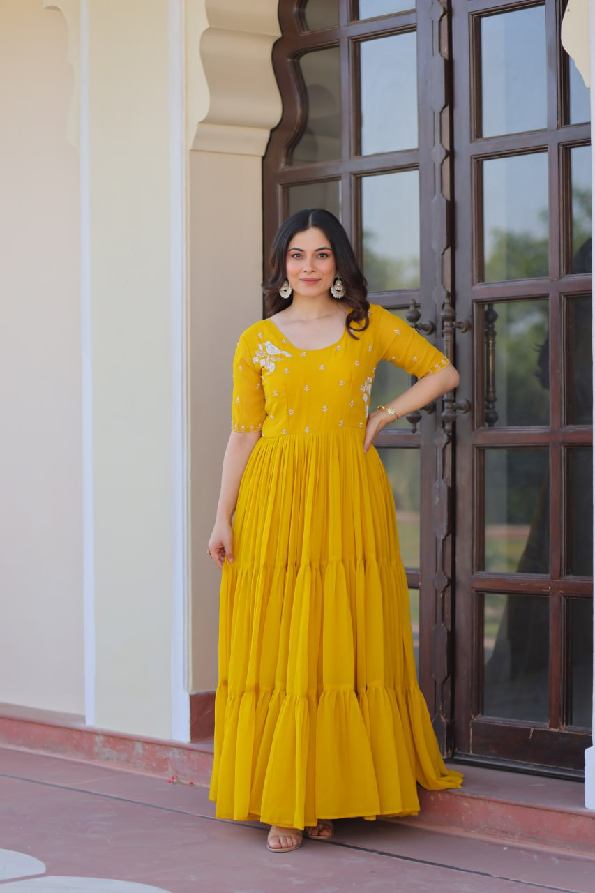 Yellow Radiant Faux Blooming Gown with Bead Embroidery & 12-Meter Flair – Full Stitched