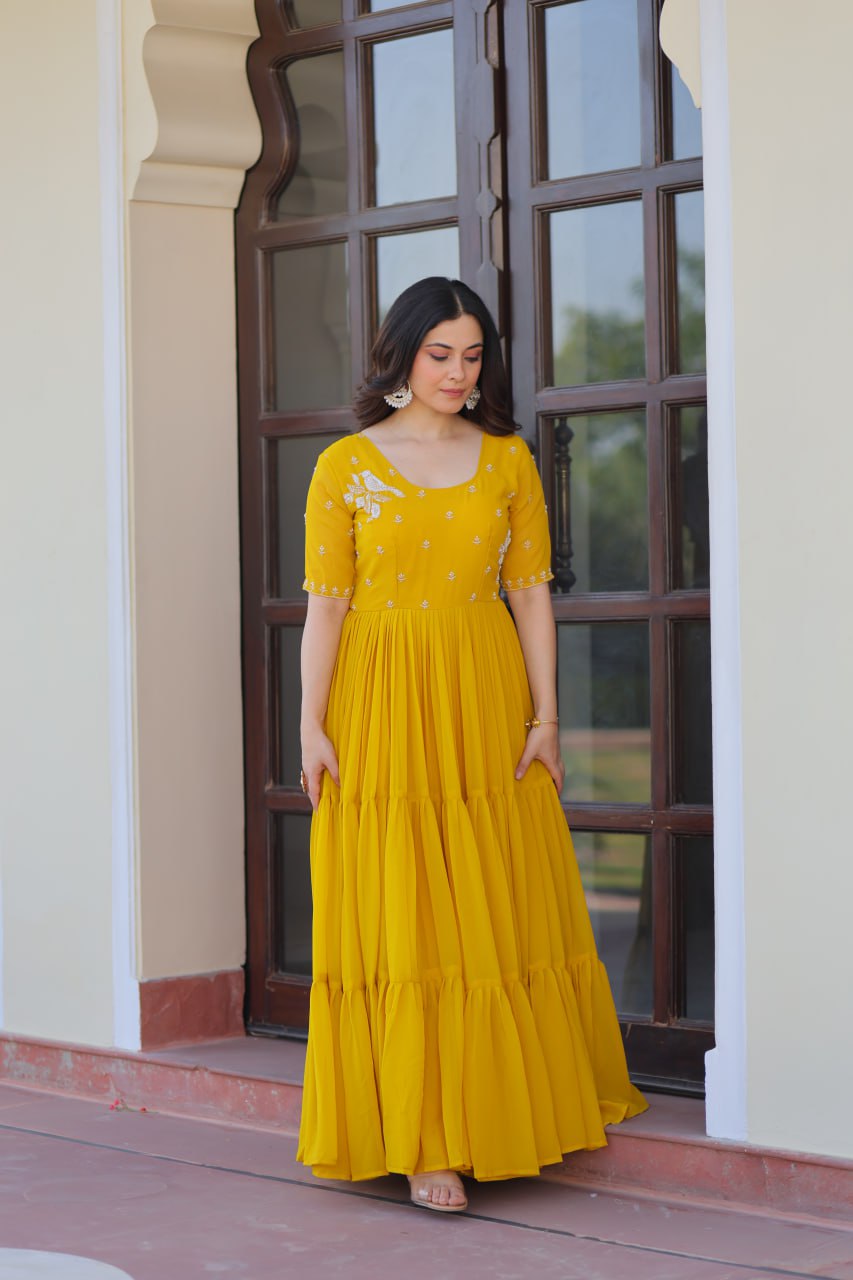 Yellow Radiant Faux Blooming Gown with Bead Embroidery & 12-Meter Flair – Full Stitched