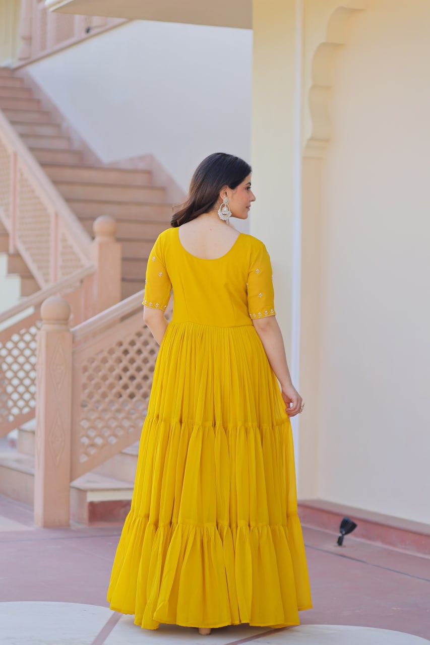 Yellow Radiant Faux Blooming Gown with Bead Embroidery & 12-Meter Flair – Full Stitched