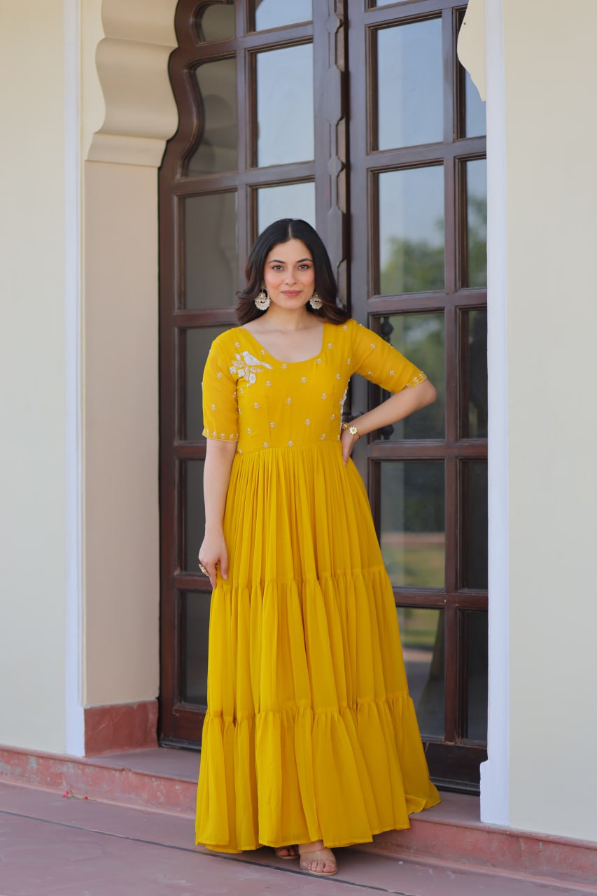 Yellow Radiant Faux Blooming Gown with Bead Embroidery & 12-Meter Flair – Full Stitched