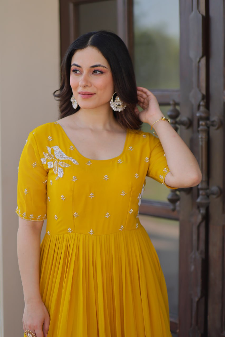Yellow Radiant Faux Blooming Gown with Bead Embroidery & 12-Meter Flair – Full Stitched