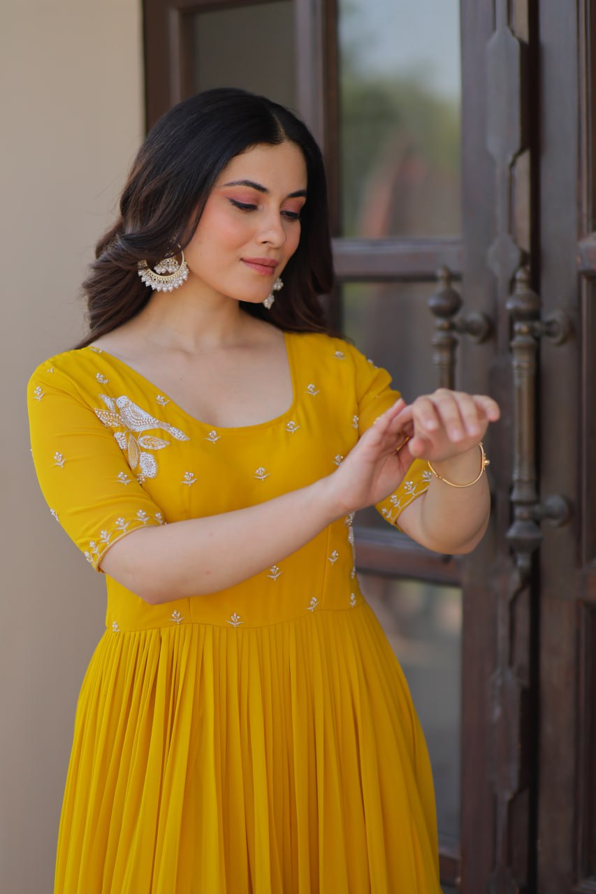 Yellow Radiant Faux Blooming Gown with Bead Embroidery & 12-Meter Flair – Full Stitched