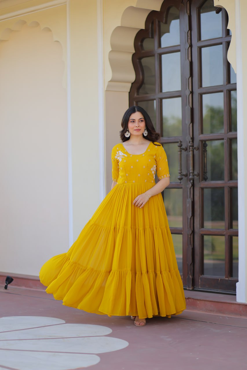 Yellow Radiant Faux Blooming Gown with Bead Embroidery & 12-Meter Flair – Full Stitched