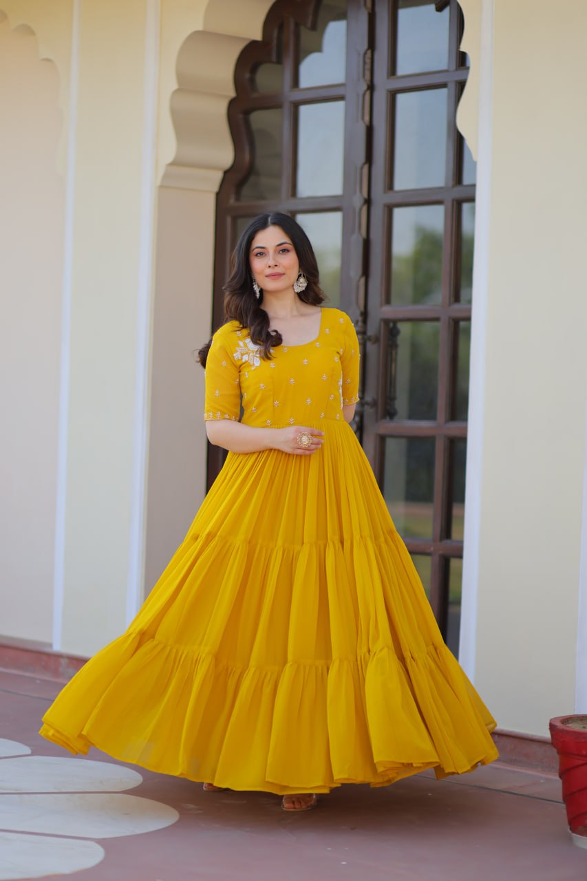 Yellow Radiant Faux Blooming Gown with Bead Embroidery & 12-Meter Flair – Full Stitched