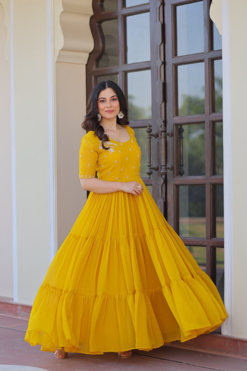 Yellow Radiant Faux Blooming Gown with Bead Embroidery & 12-Meter Flair – Full Stitched