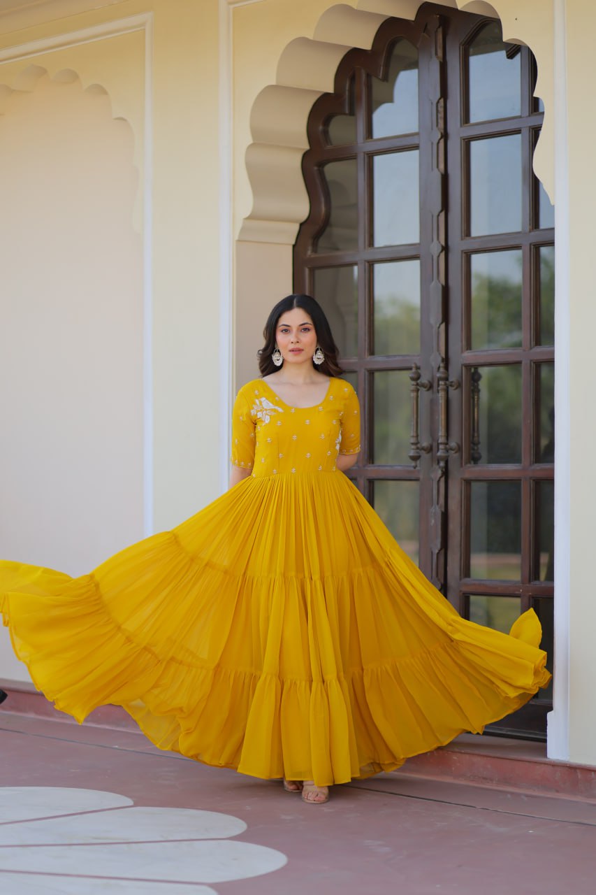 Yellow Radiant Faux Blooming Gown with Bead Embroidery & 12-Meter Flair – Full Stitched