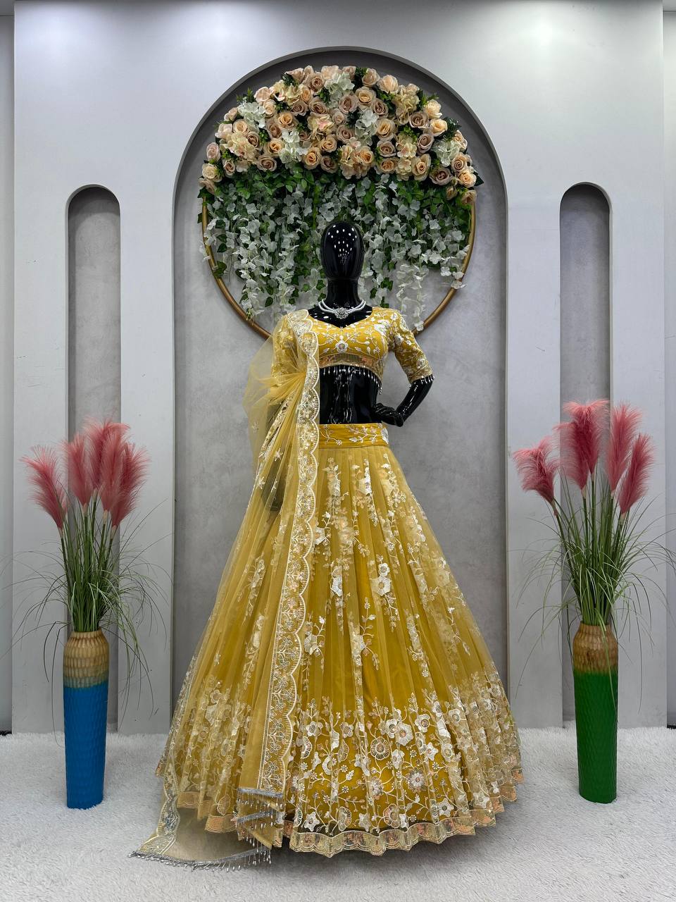 Yellow Radiant Soft Net Semi-Stitched Lehenga Set with Sequence Embroidery & Fancy Latkans