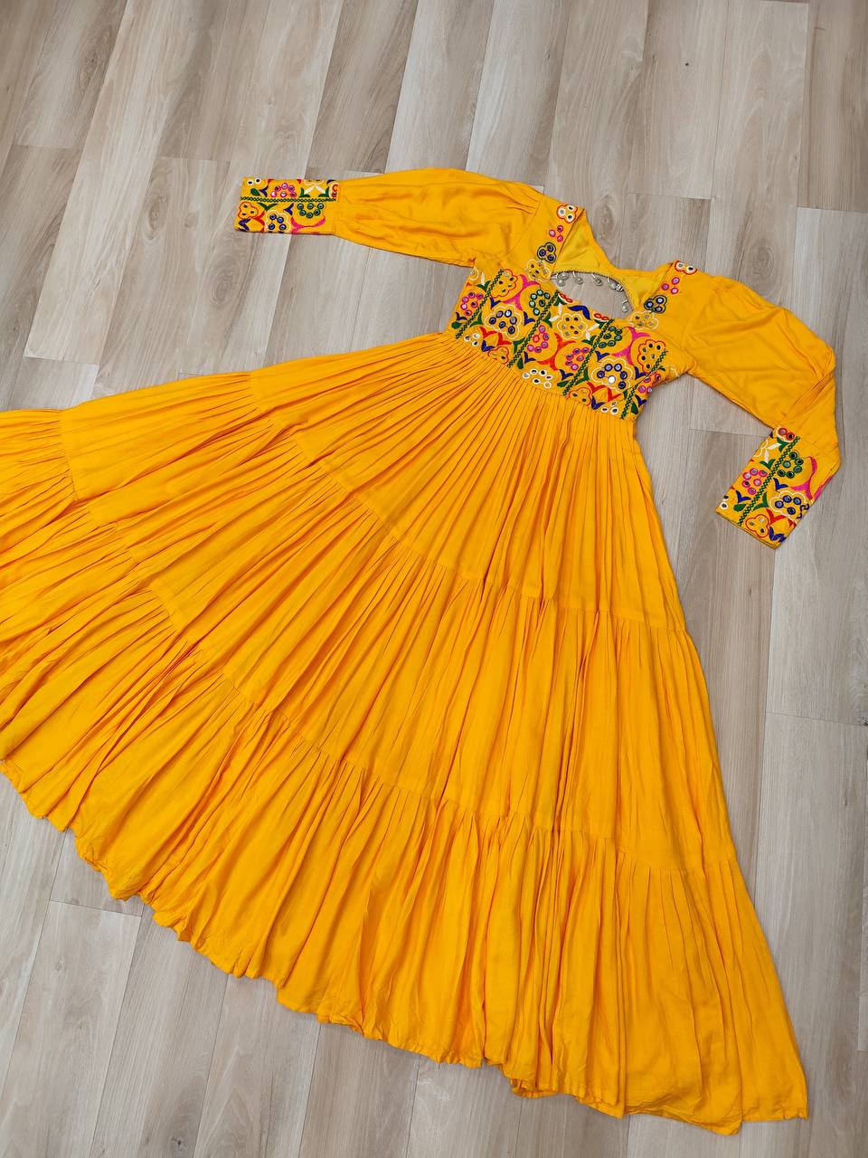 Yellow Rayon Kutchi Gamthi Work Gown with 3-Layer Frill & 12 Meter Flair