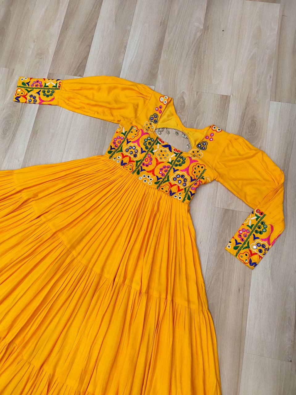 Yellow Rayon Kutchi Gamthi Work Gown with 3-Layer Frill & 12 Meter Flair
