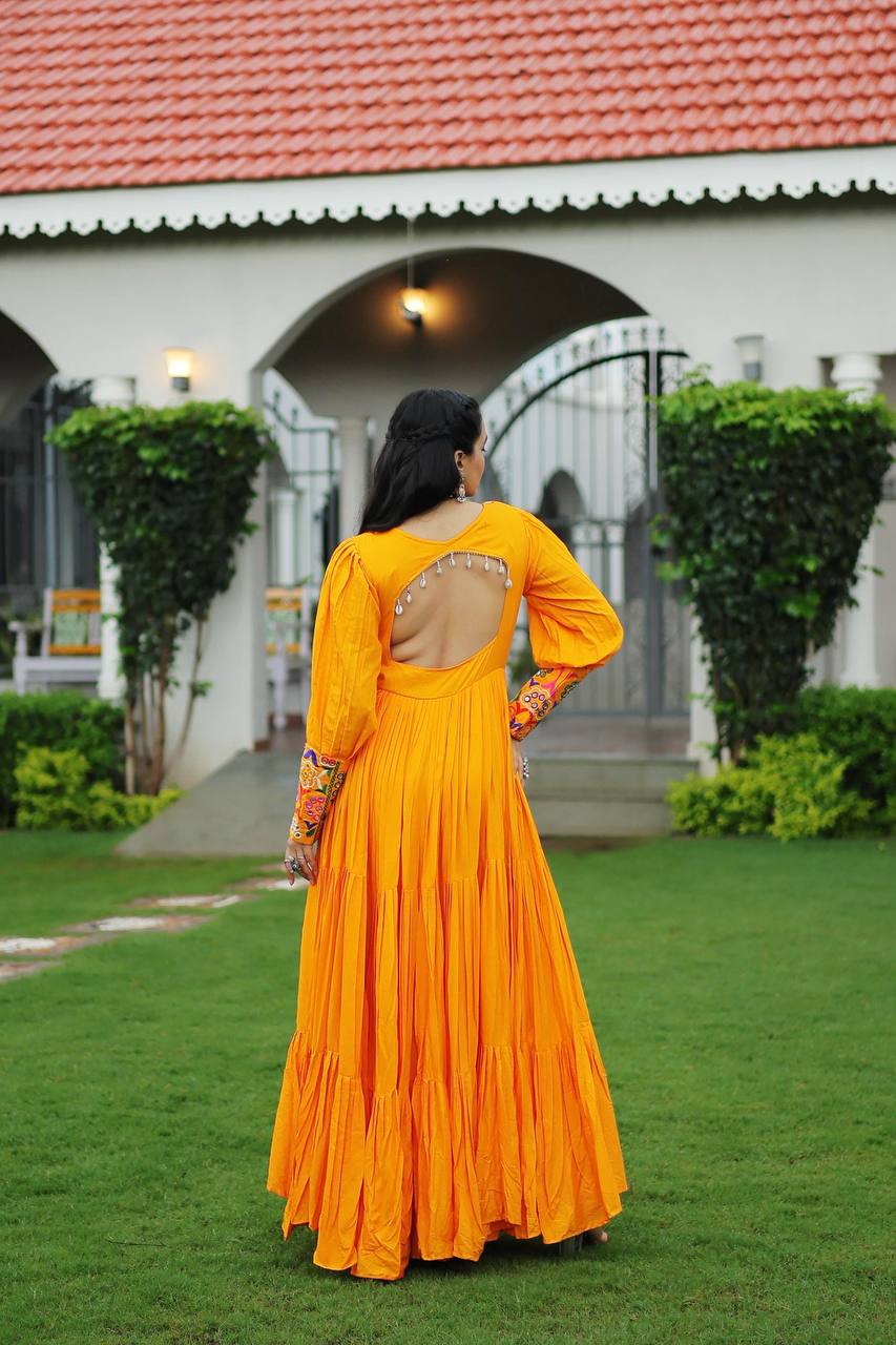 Yellow Rayon Kutchi Gamthi Work Gown with 3-Layer Frill & 12 Meter Flair