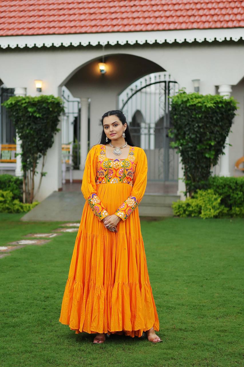 Yellow Rayon Kutchi Gamthi Work Gown with 3-Layer Frill & 12 Meter Flair
