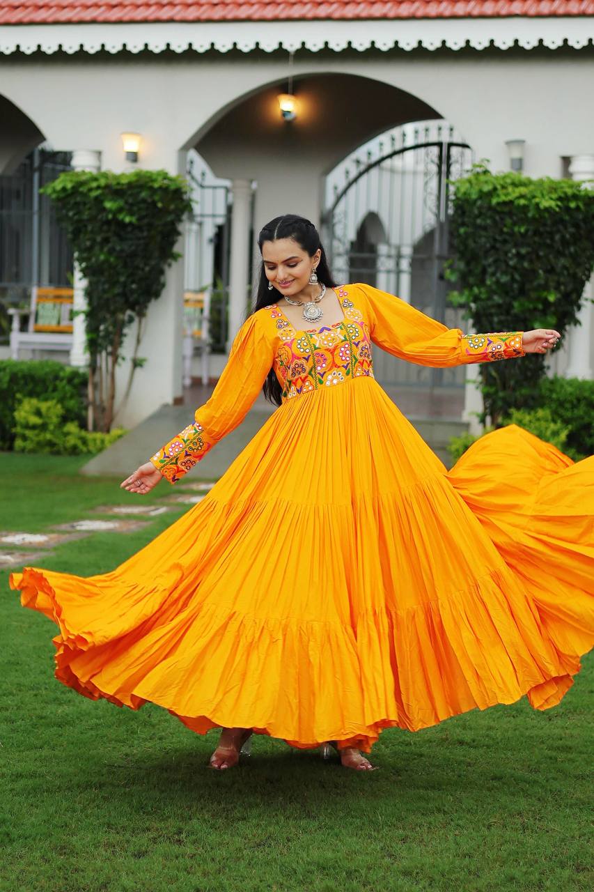 Yellow Rayon Kutchi Gamthi Work Gown with 3-Layer Frill & 12 Meter Flair