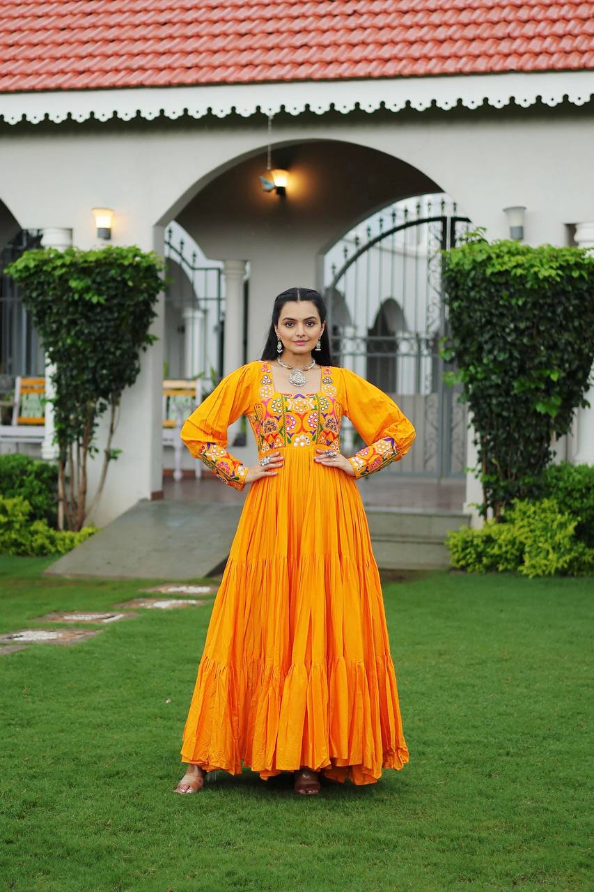 Yellow Rayon Kutchi Gamthi Work Gown with 3-Layer Frill & 12 Meter Flair