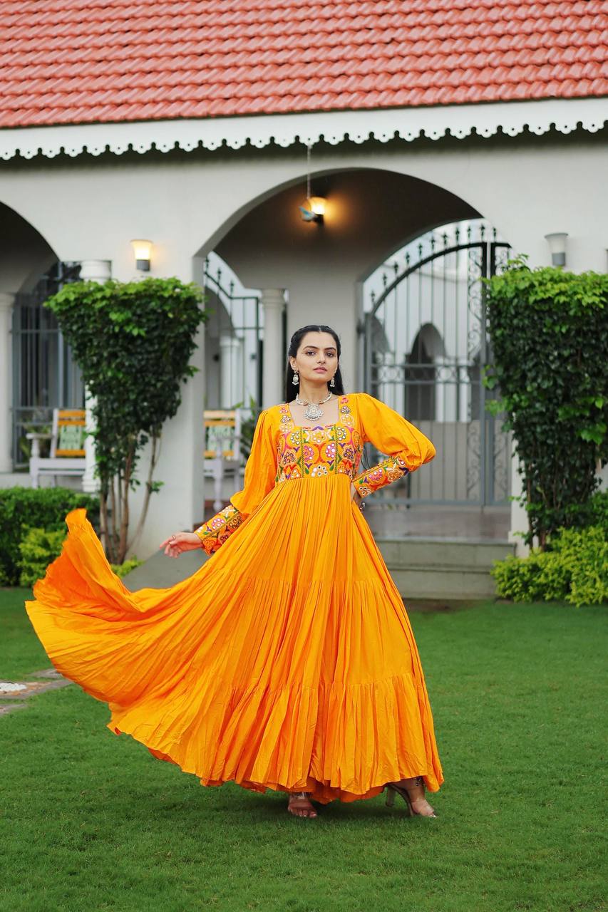 Yellow Rayon Kutchi Gamthi Work Gown with 3-Layer Frill & 12 Meter Flair