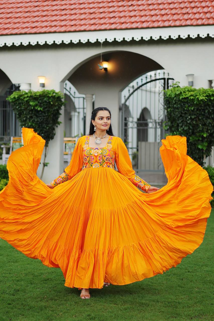 Yellow Rayon Kutchi Gamthi Work Gown with 3-Layer Frill & 12 Meter Flair
