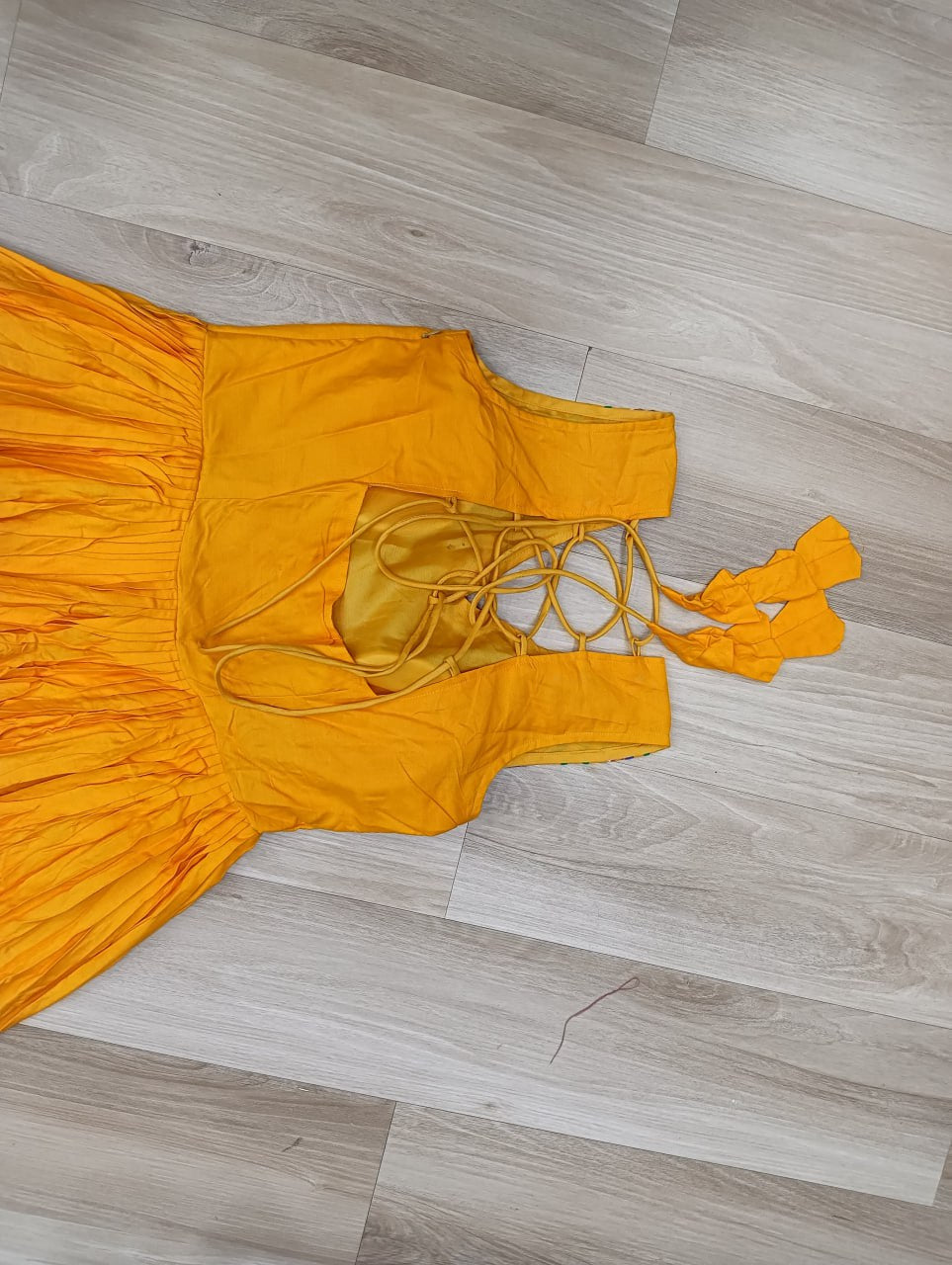 Yellow Rayon Navratri Gown with Kutchi Gamthi Embroidery & Mirror Work – Sleeveless with Flair
