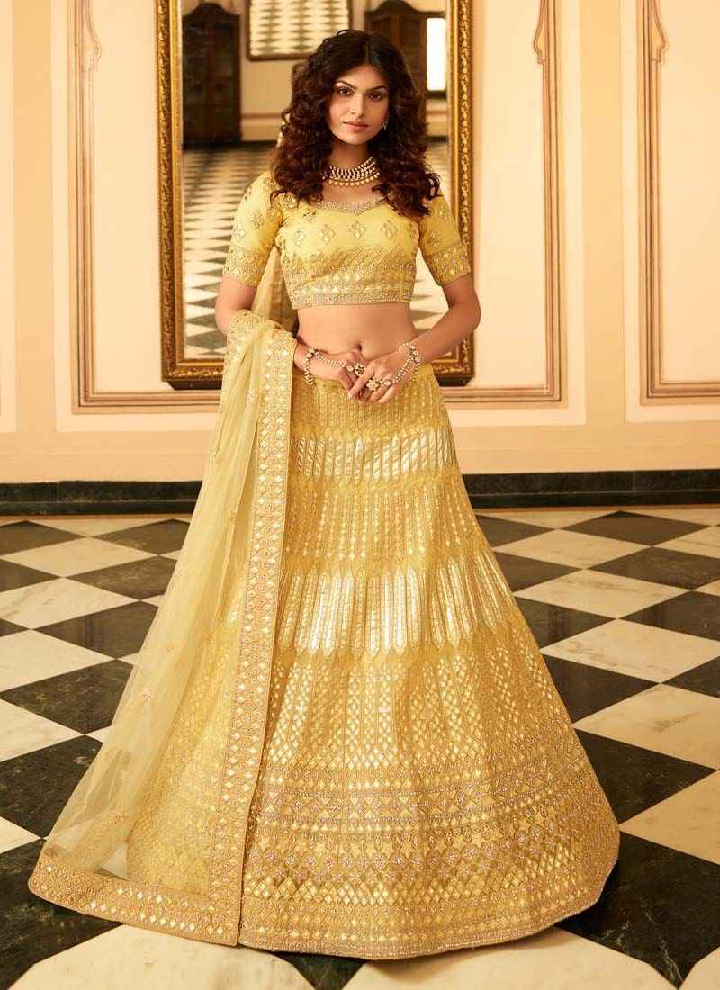 Yellow resham and gota work organza wedding lehenga choli