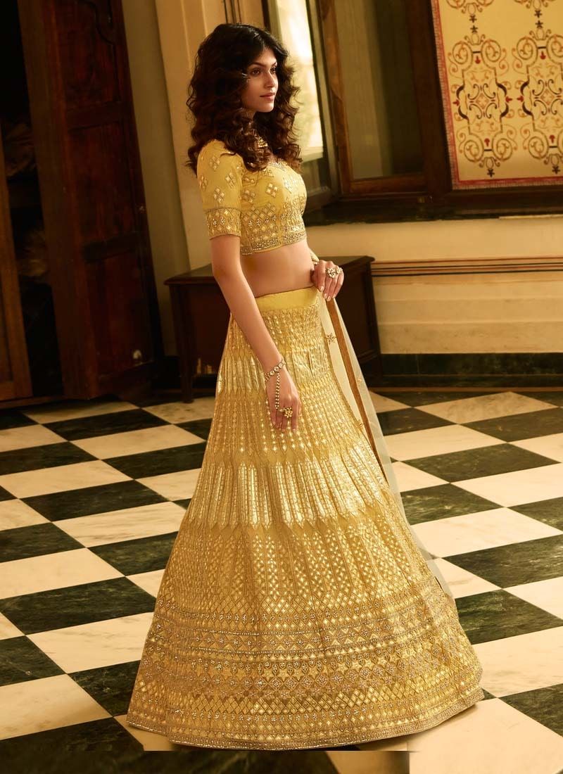 Yellow resham and gota work organza wedding lehenga choli