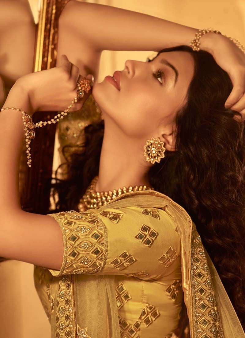 Yellow resham and gota work organza wedding lehenga choli