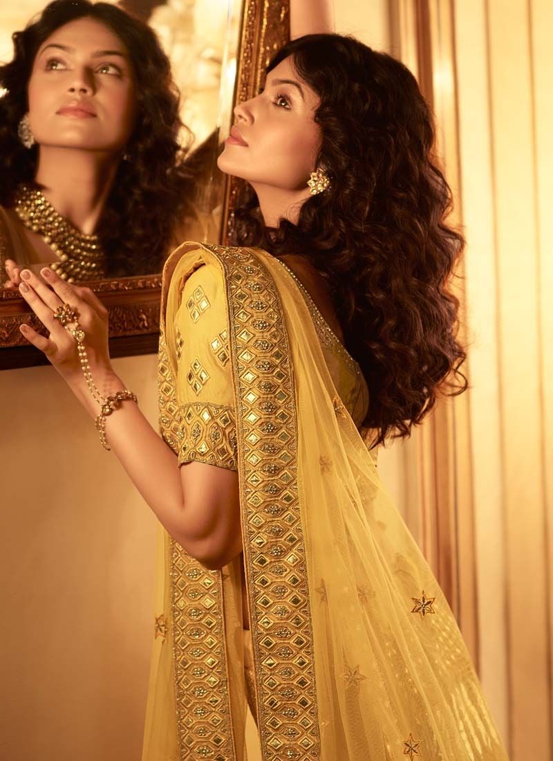 Yellow resham and gota work organza wedding lehenga choli