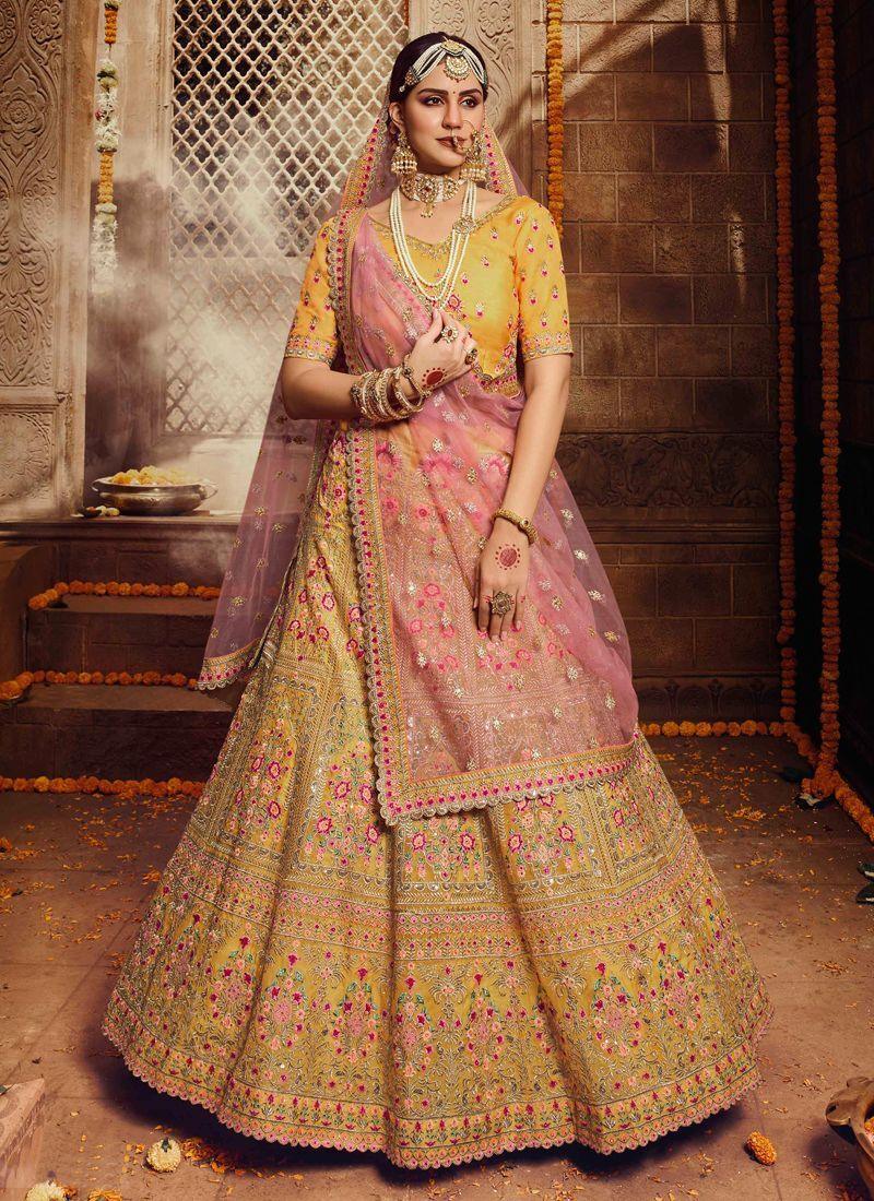 Yellow Resham Stone Zari Sequin Organza Flared Lehenga Choli