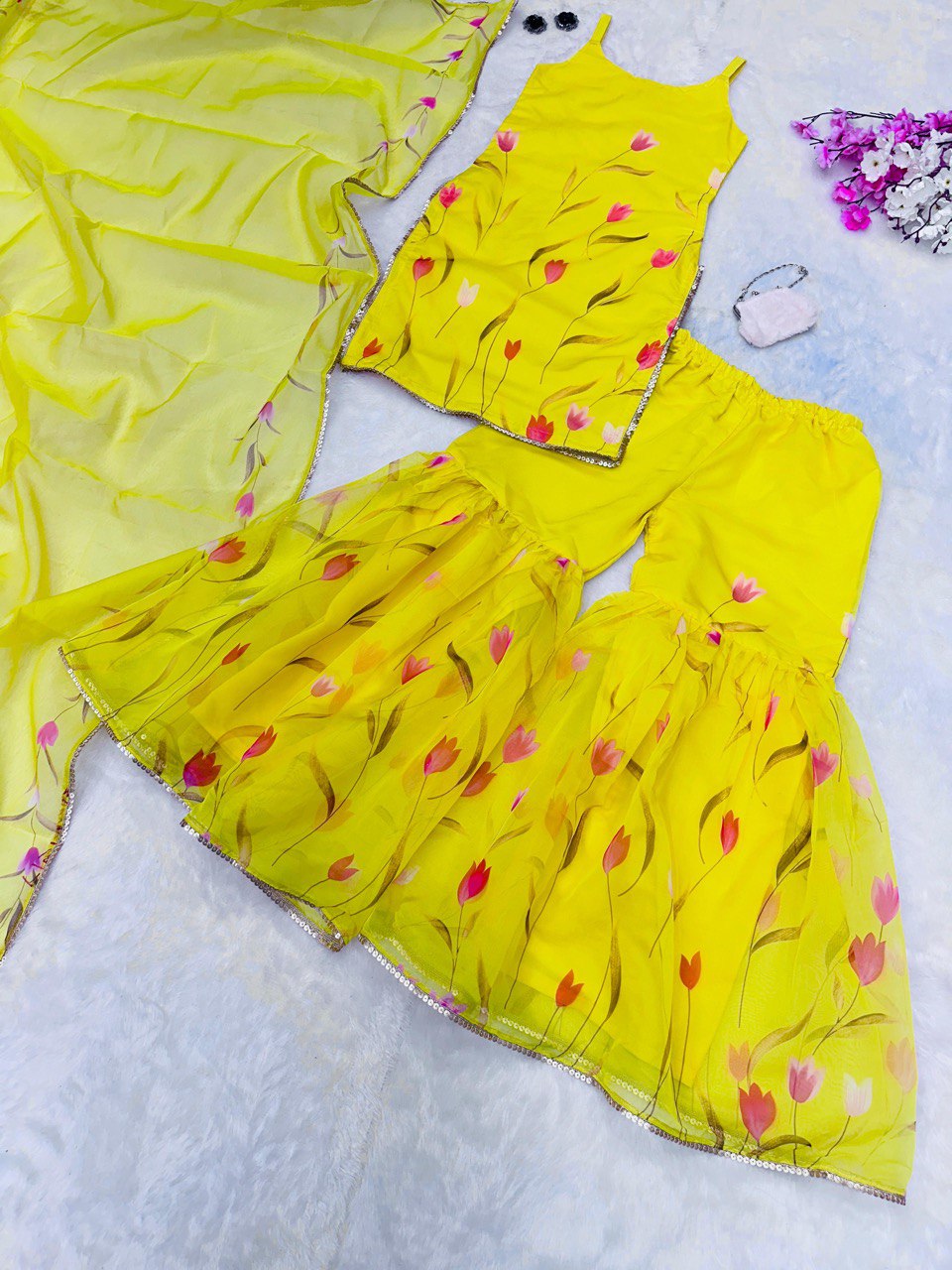 Yellow Exclusive Haldi Special Sharara Set Floral Elegance with Modern Touch