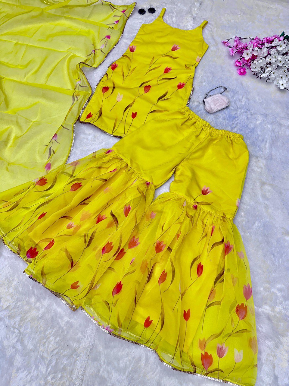 Yellow Exclusive Haldi Special Sharara Set Floral Elegance with Modern Touch
