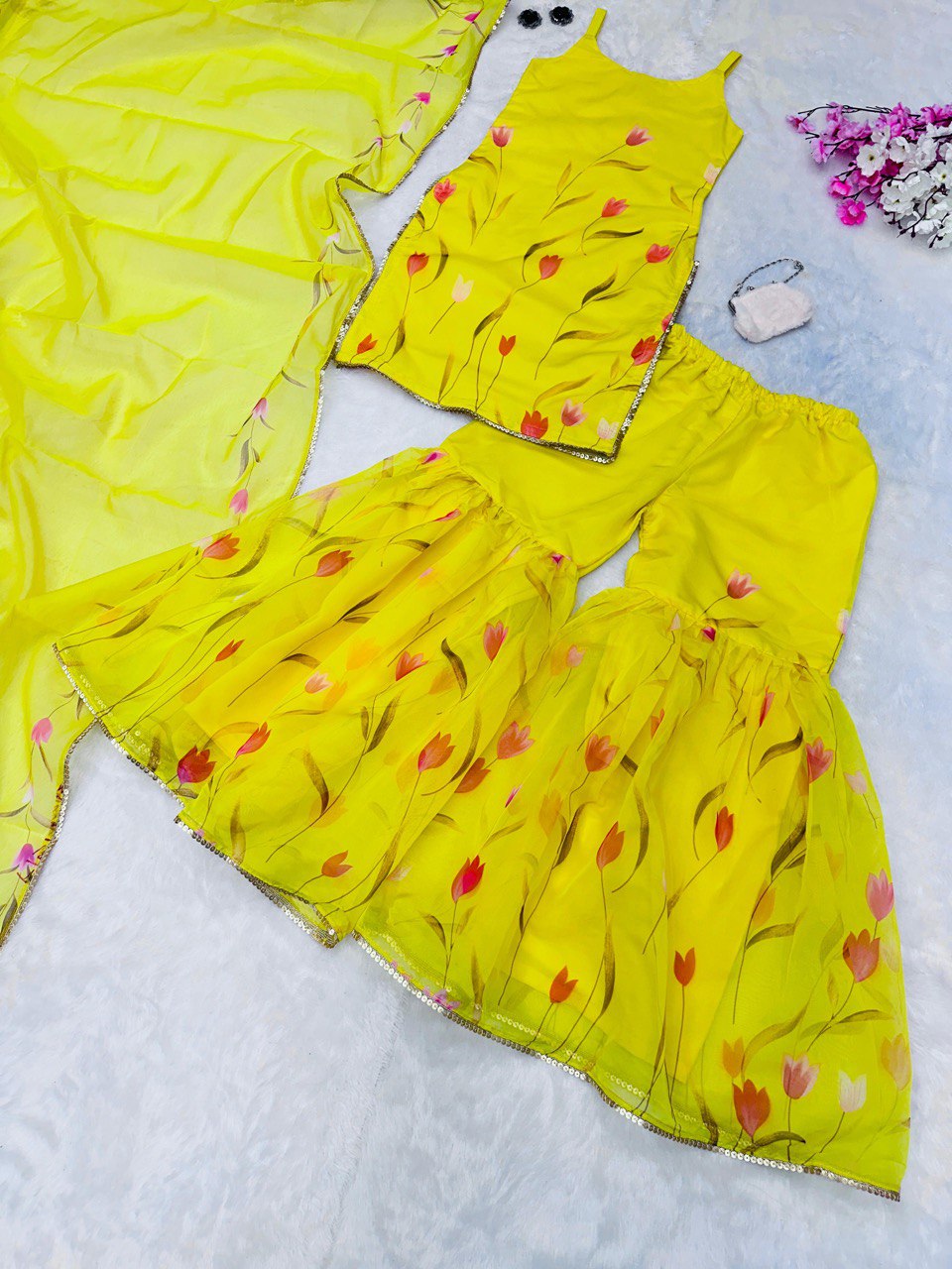 Yellow Exclusive Haldi Special Sharara Set Floral Elegance with Modern Touch