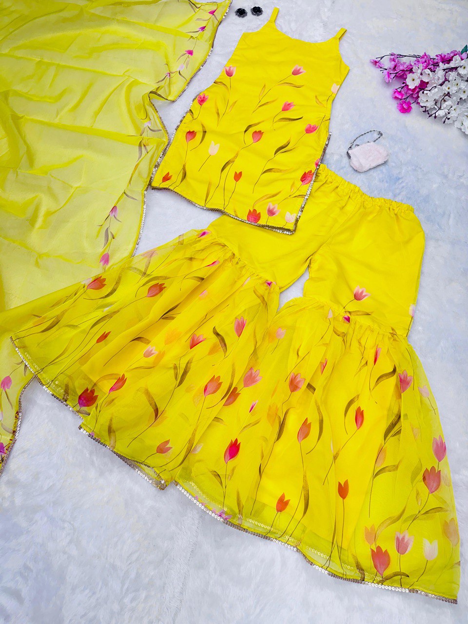 Yellow Exclusive Haldi Special Sharara Set Floral Elegance with Modern Touch