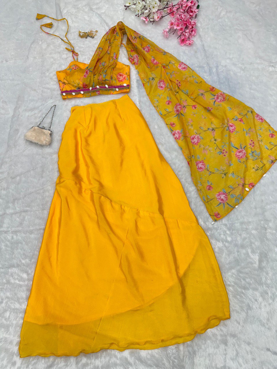 Yellow Exclusive Western Skirt & Blouse Set with Attached Dupatta Modern Elegance