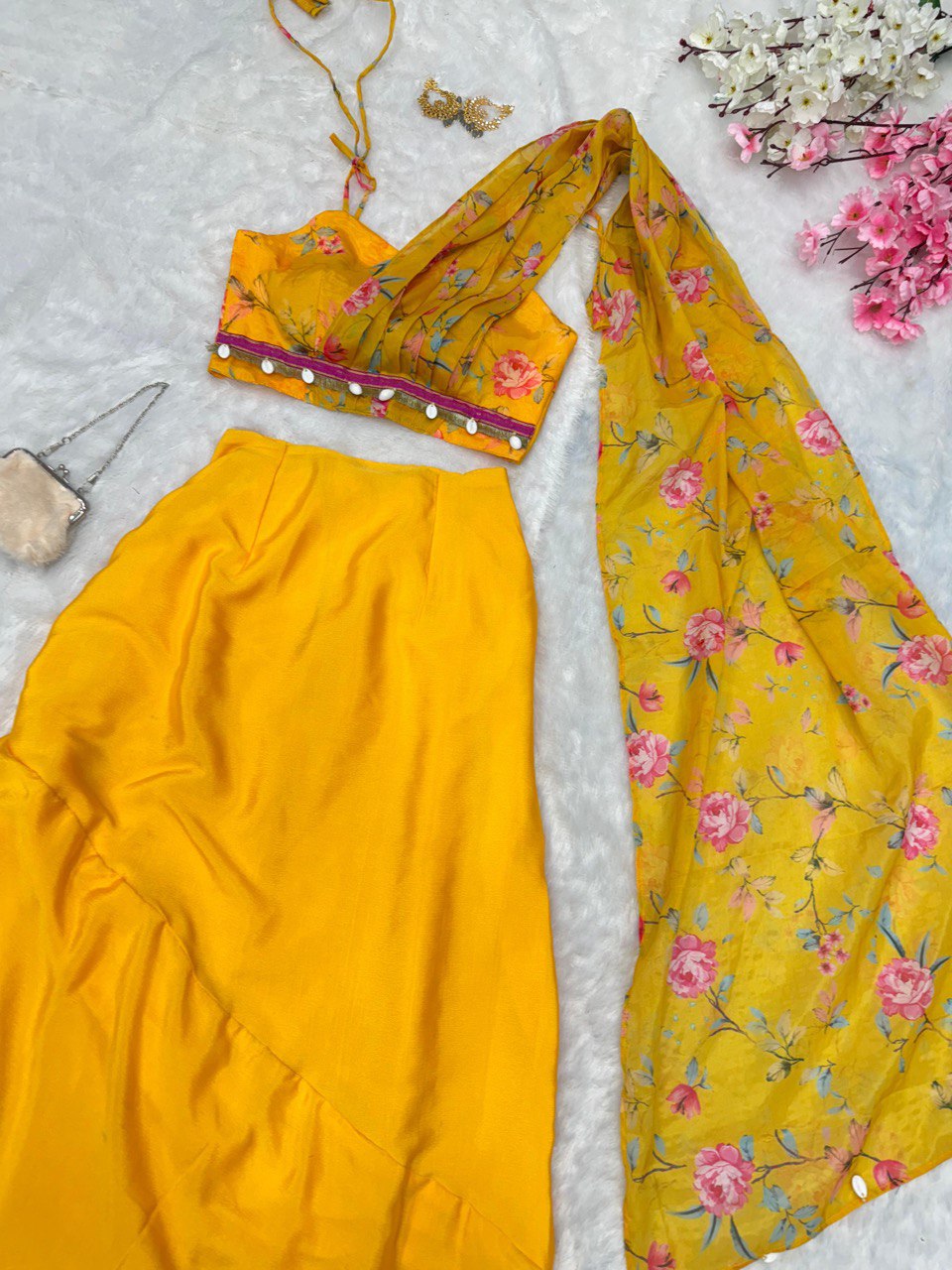Yellow Exclusive Western Skirt & Blouse Set with Attached Dupatta Modern Elegance