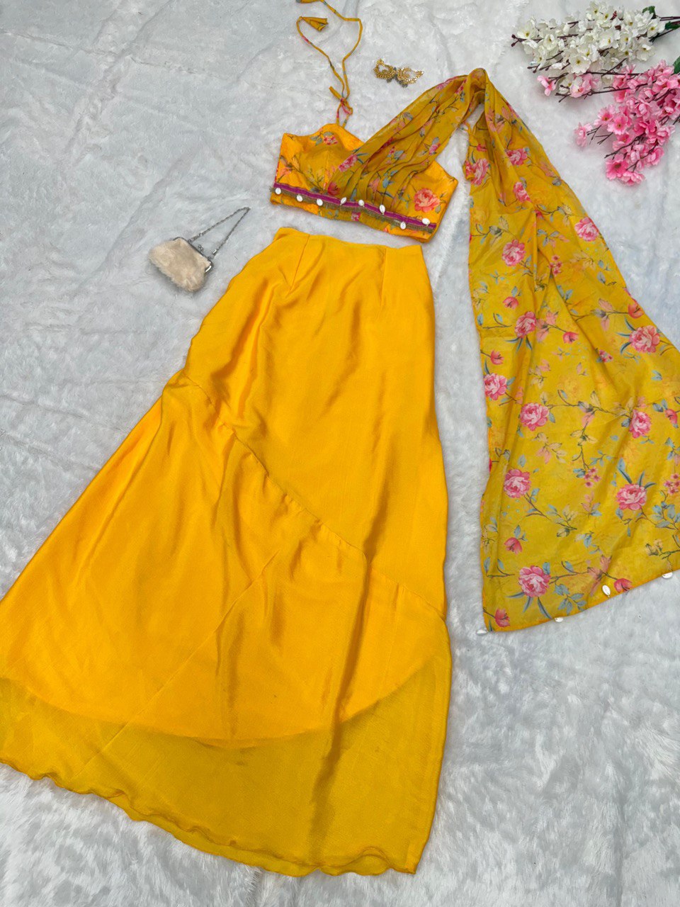 Yellow Exclusive Western Skirt & Blouse Set with Attached Dupatta Modern Elegance