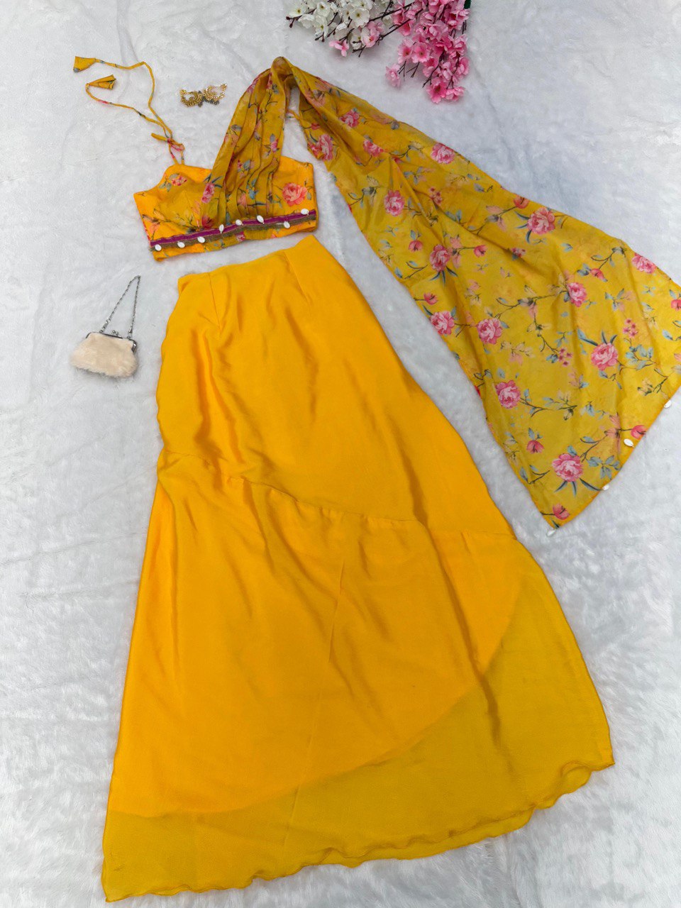 Yellow Exclusive Western Skirt & Blouse Set with Attached Dupatta Modern Elegance